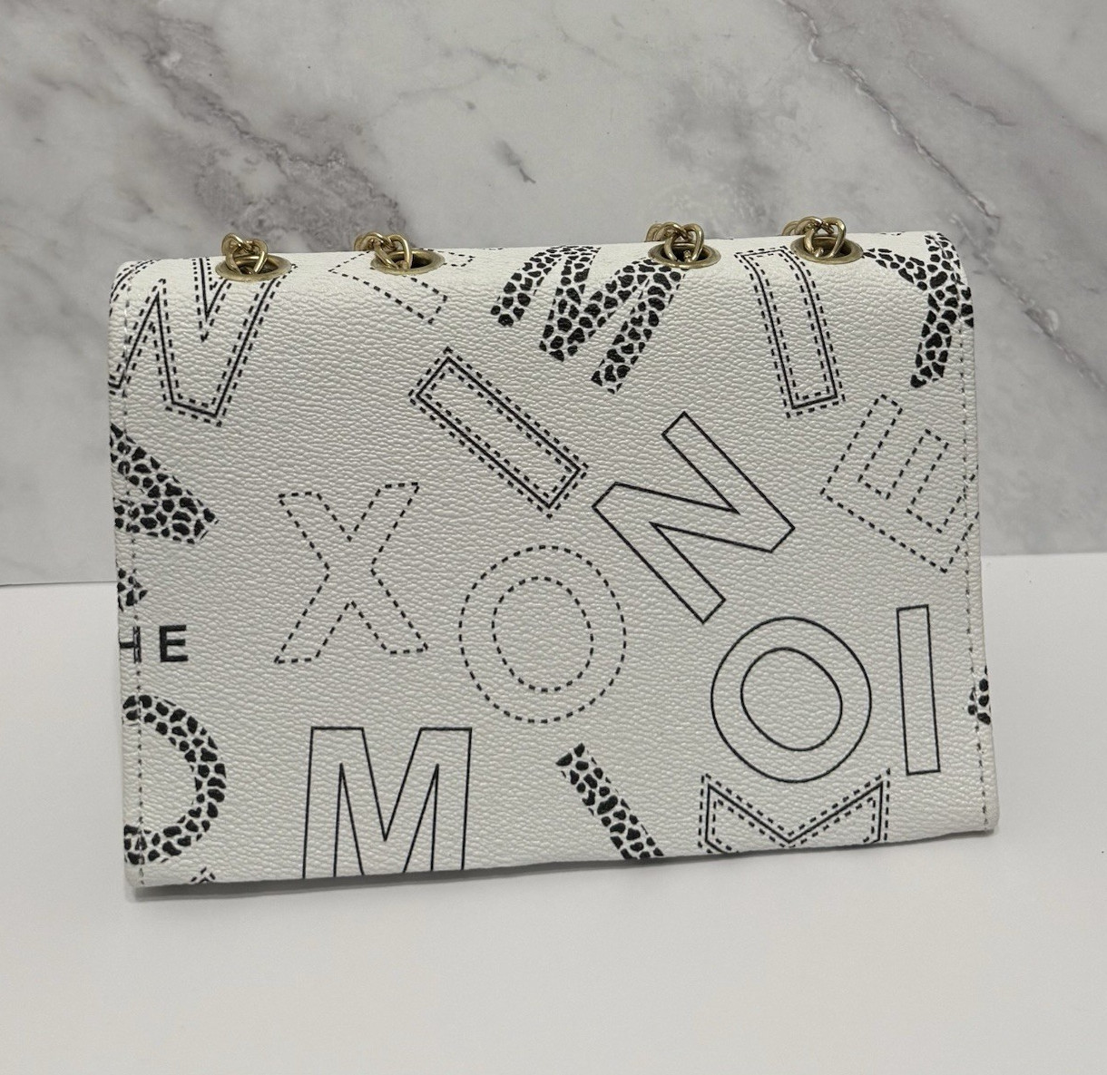 Women’s White/Black Letter Rectangle Crossbody Bag, Gold Chain, Turn Lock