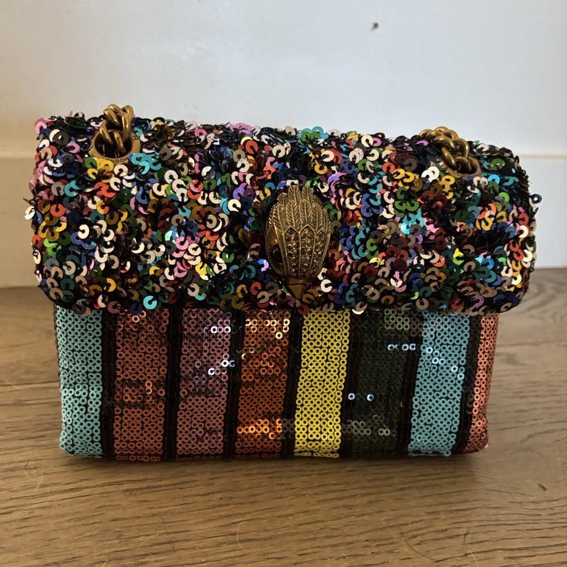 Kurt Geiger Small Multicolor Striped Sequined Chain Shoulder Bag Magnetic