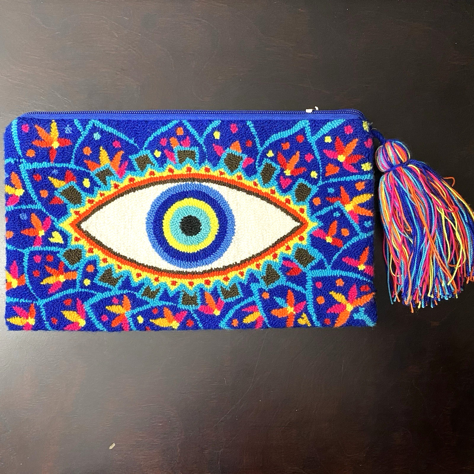 Chilas Kai Wayuu Zip Pouch Clutch Purse Evil Eye Design w Tassel Handmade READ