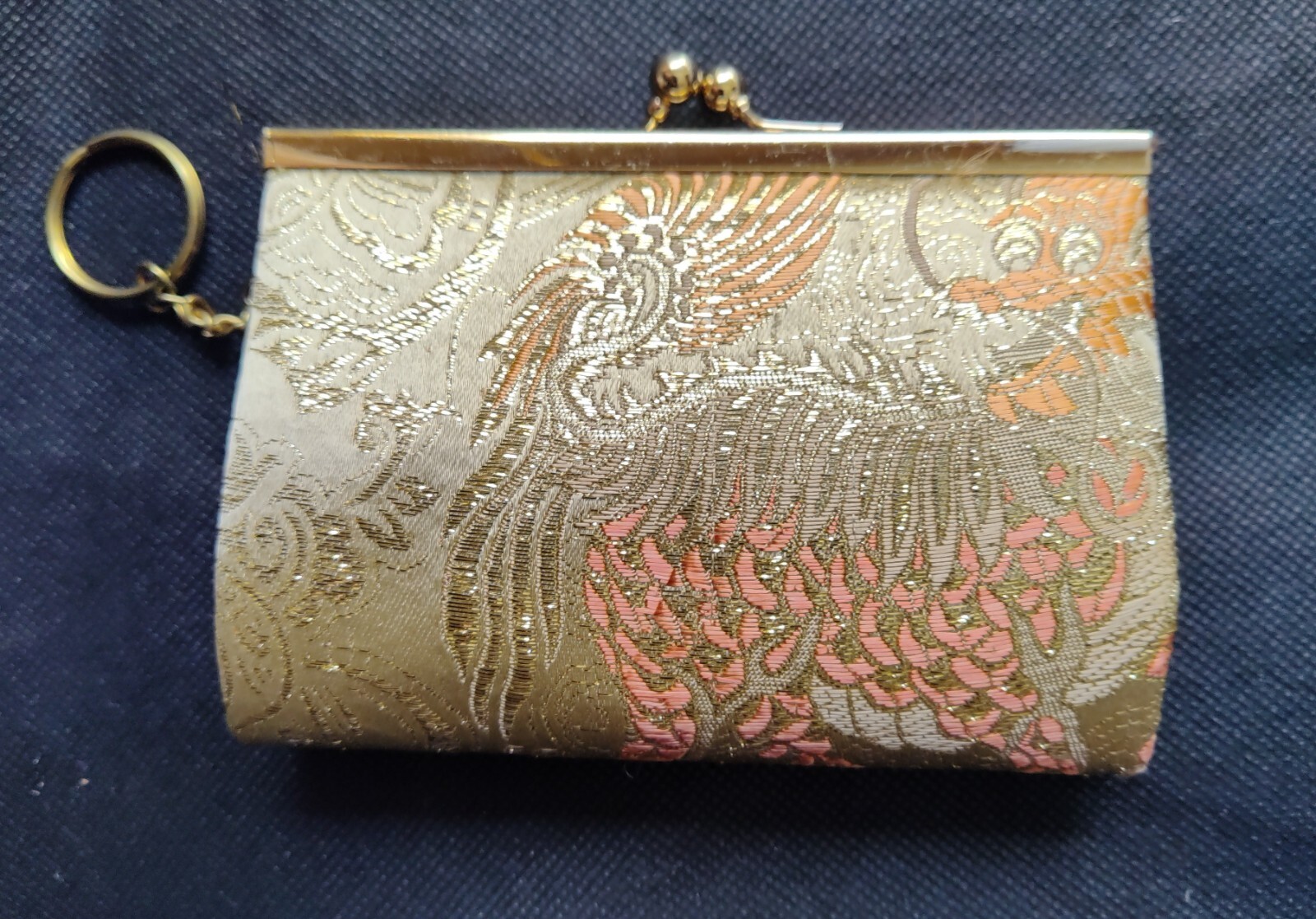 1980s Chinese Silk Coin/Change Purse – Gold Embroidered with Key Chain – New