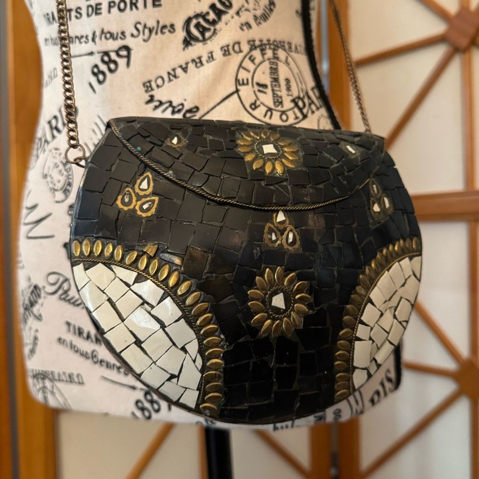 Handmade Mosaic Stone, Brass & Metal Clutch Purse