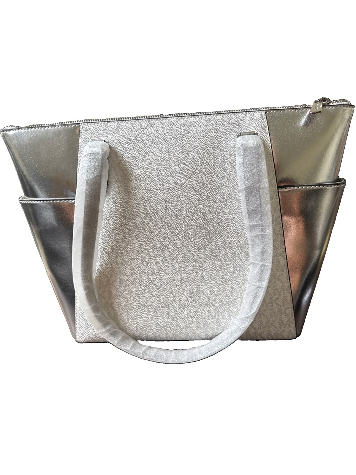 Michael Kors Signature Logo Large Charlotte Tote Bag White & Silver New With Tag