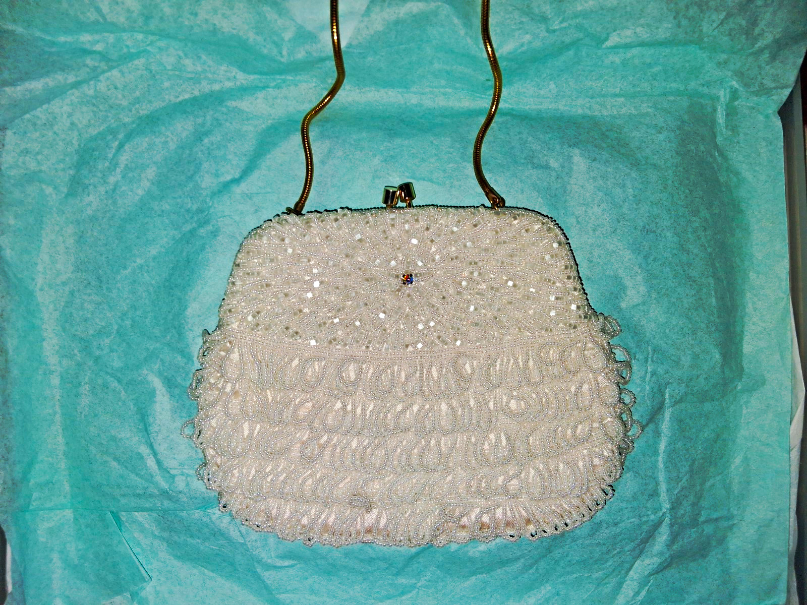 White Beaded Small Rectangle Clutch, Kiss Lock, Lined, Detachable Gold Chain