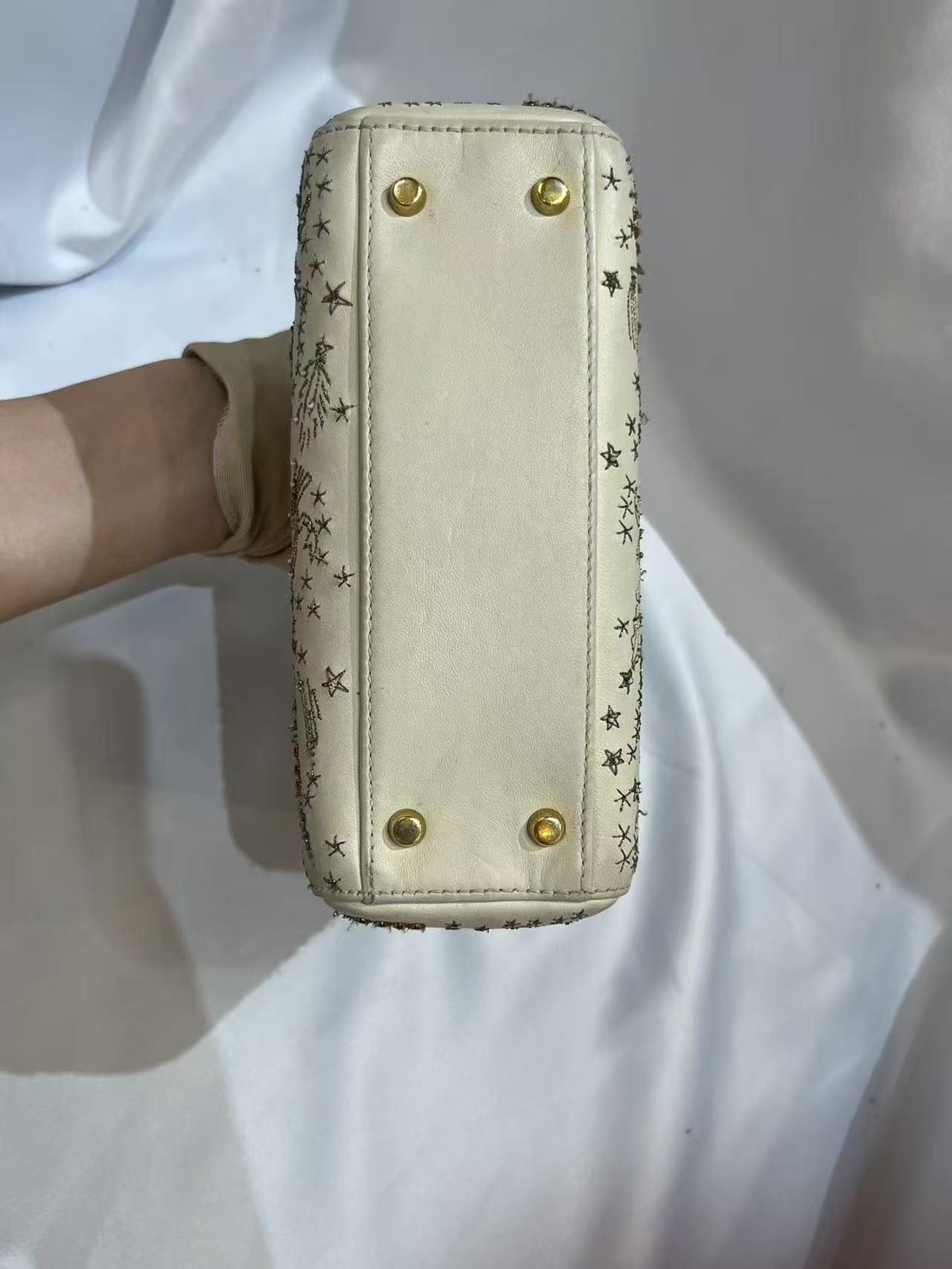 Auth Christian Dior Lady Dior Mini White Zodiac Beaded Embroidery Crossbody Bag