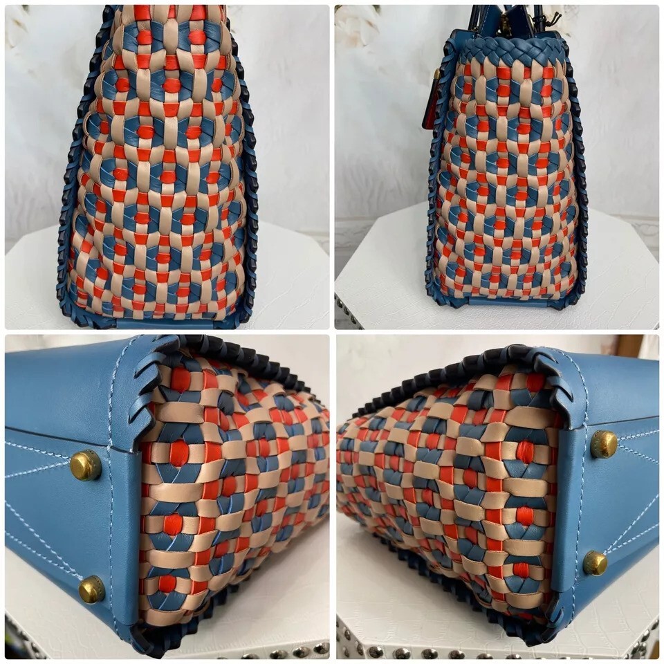 Coach Troupe Tote Weaving Bag Leather Magnetic Zip Blue Lake Handbag Purse New
