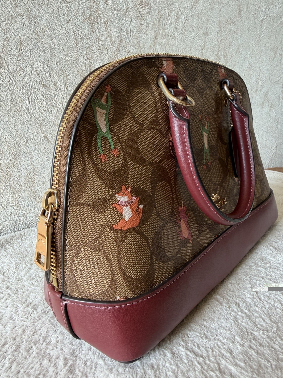 Coach Signature Monogram Dome Satchel Zip Top Detachable Strap Brown/Burgundy