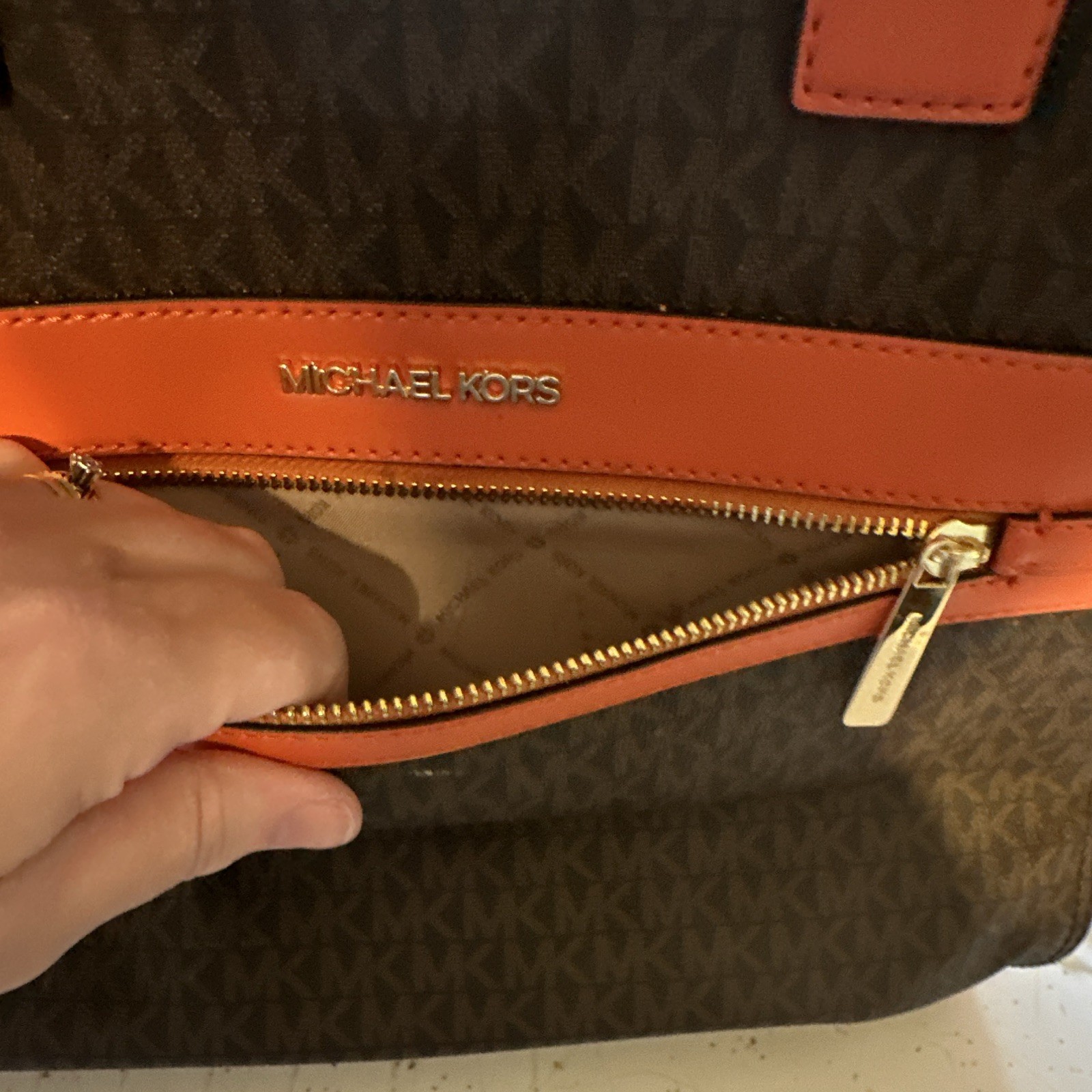 Michael Kors Brown Logo Tote Orange Trim Front Zip Pocket Detachable Strap