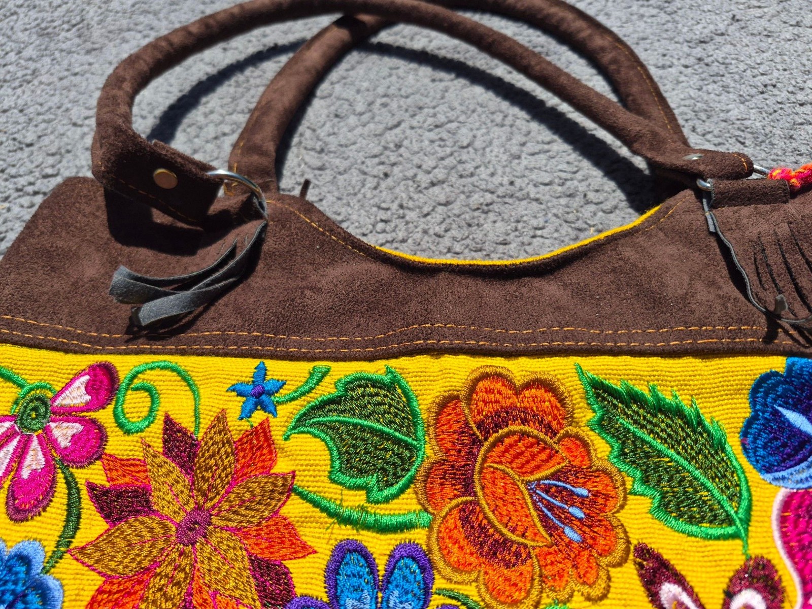 Artisan Embroidered Floral Canvas and Suede Tote Bag with Tassel