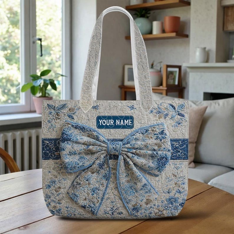 Personalized Quilted Tote Bag with Bow – Custom Floral Quilt Tote, Quilted Inspi