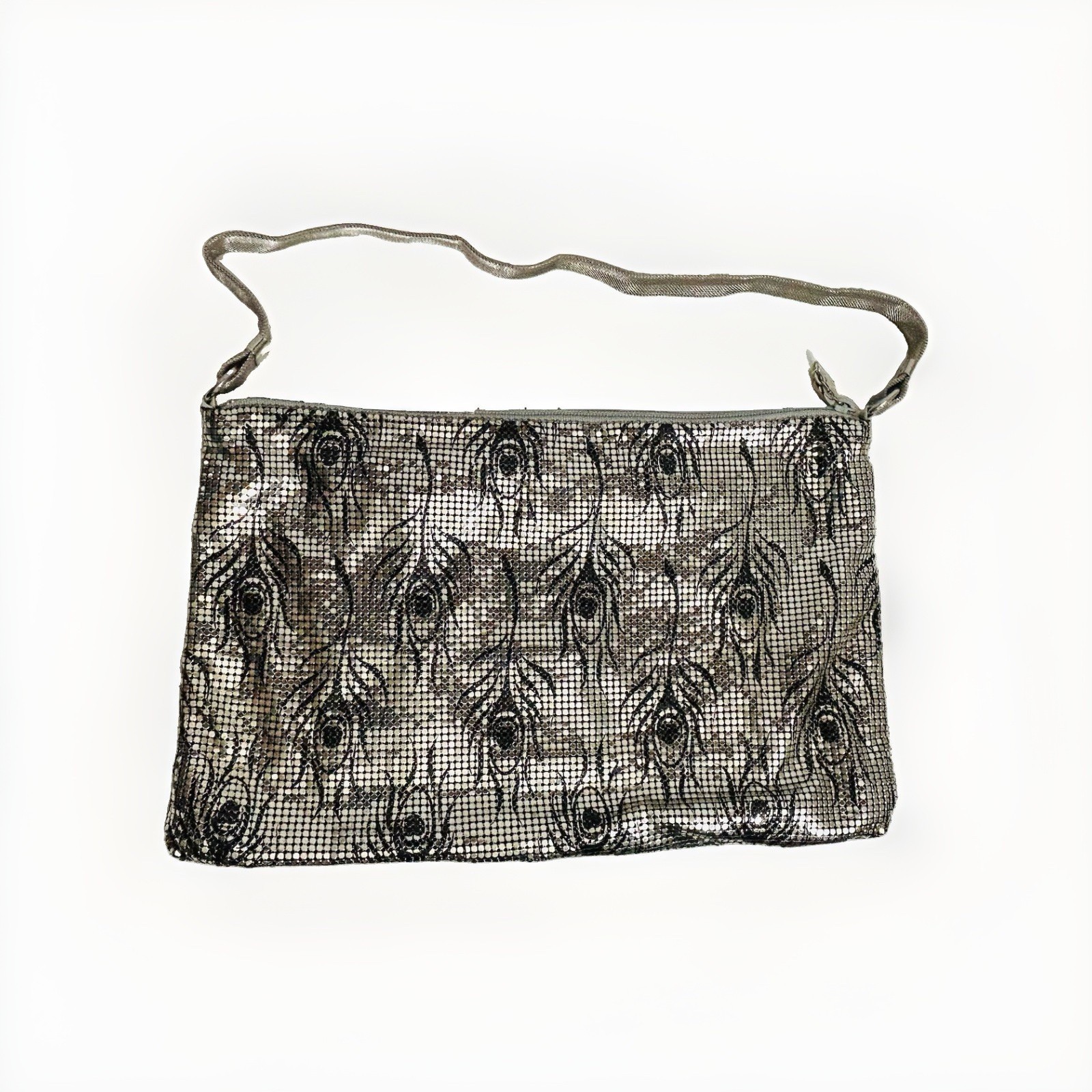 Vtg Whiting & Davis Silver Mesh W/Black Peacock Feather Shoulder Bag Purse