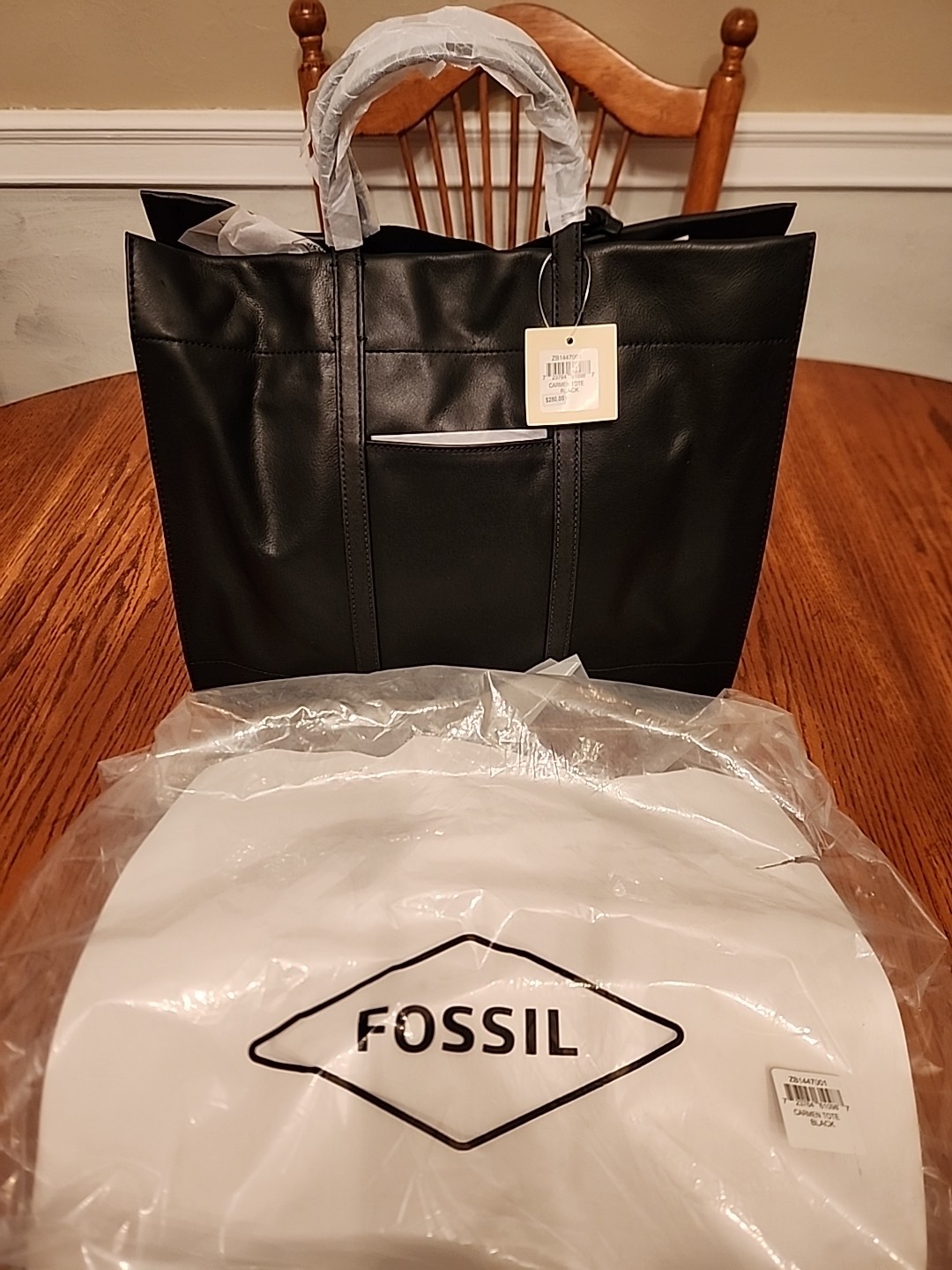 Fossil Carmen Shopper Bag Handbag Tote Satchel Purse Crossbody Black Leather Key