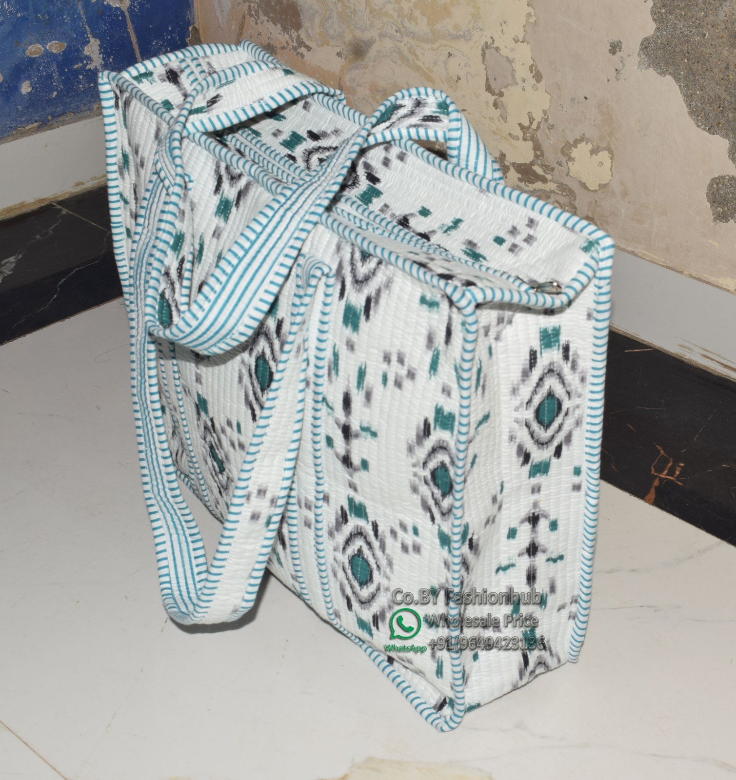 Handmade Quilted Ikat Tote Bag Geometric Cotton Handbag Vintage Bohemian Bags