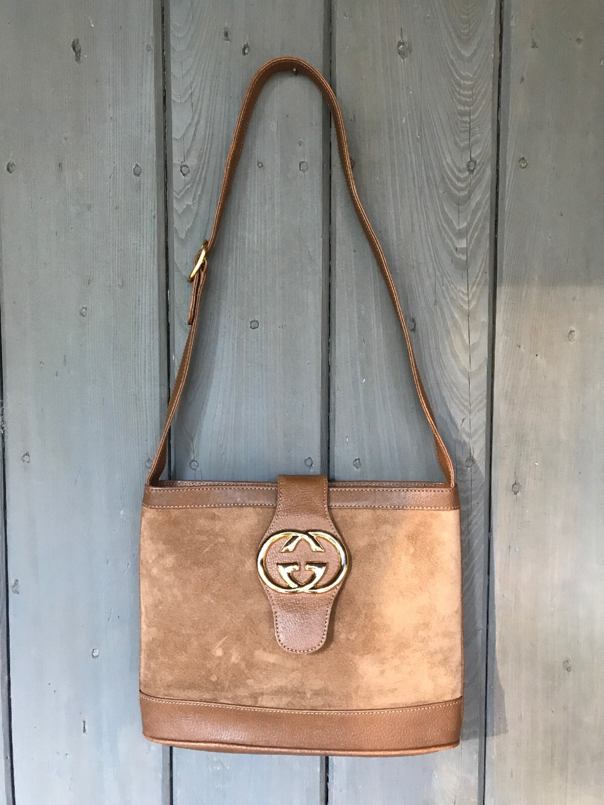 Gucci Tan Suede And Leather Handbag Interlocking Gold G’s Adjustible Rare