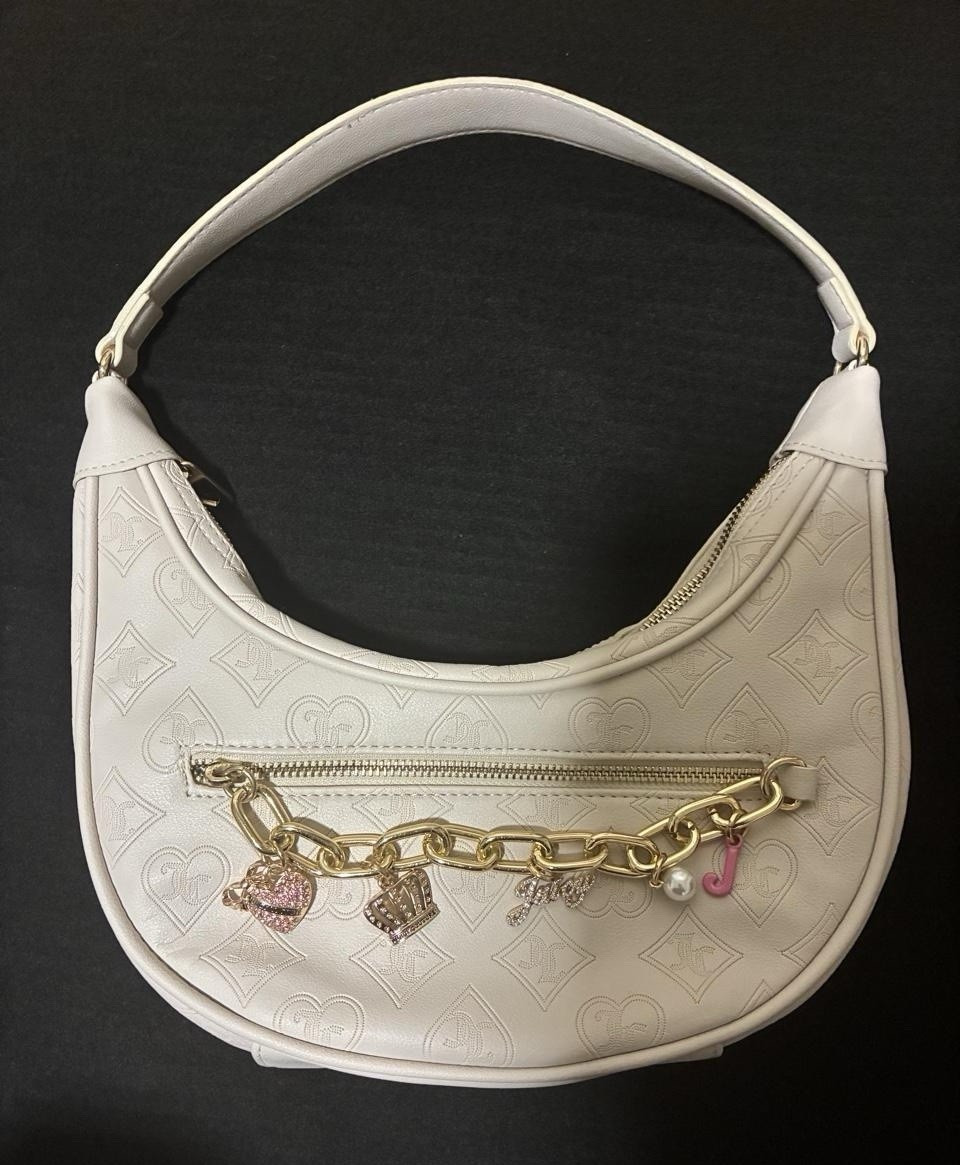Juicy Couture White Crescent Shoulder Bag Zip Top Gold Chain Charm Lined Pockets
