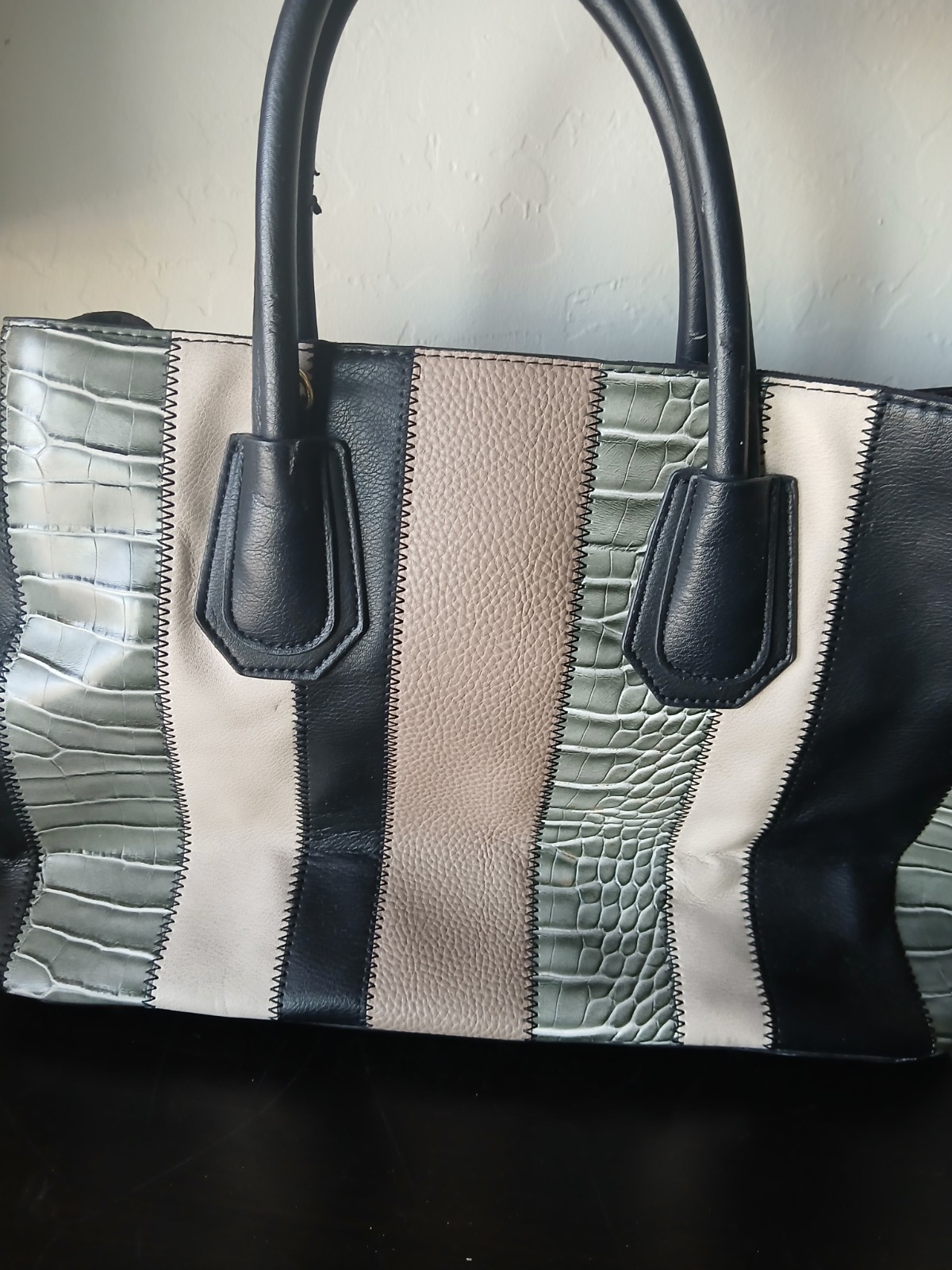 Colorblock Satchel Top Handle Bag Black Beige Gray Taupe Gold Lined Pockets