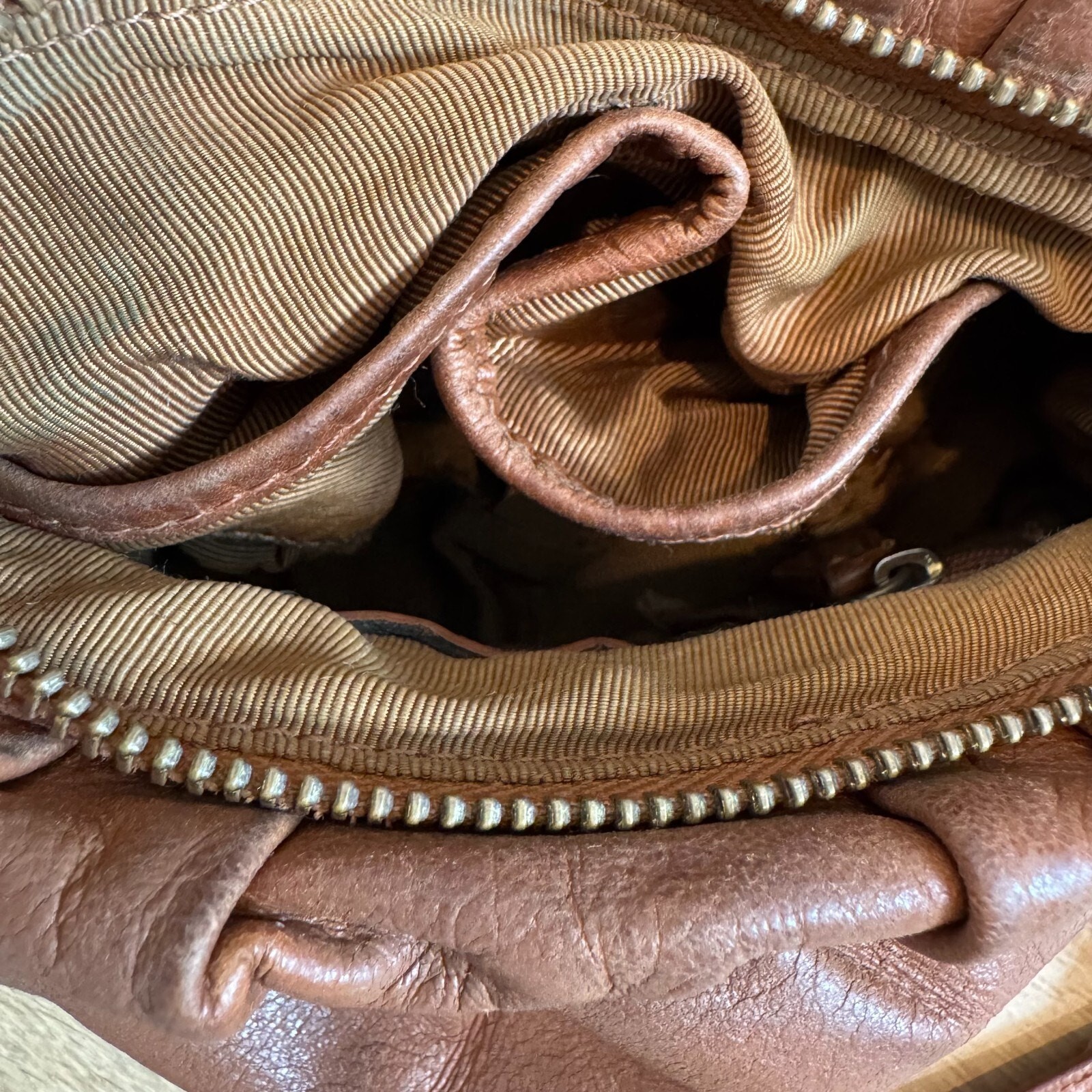 Badgley Mischka Caramel Brown Leather Mini Bucket Bag Crossbody Purse