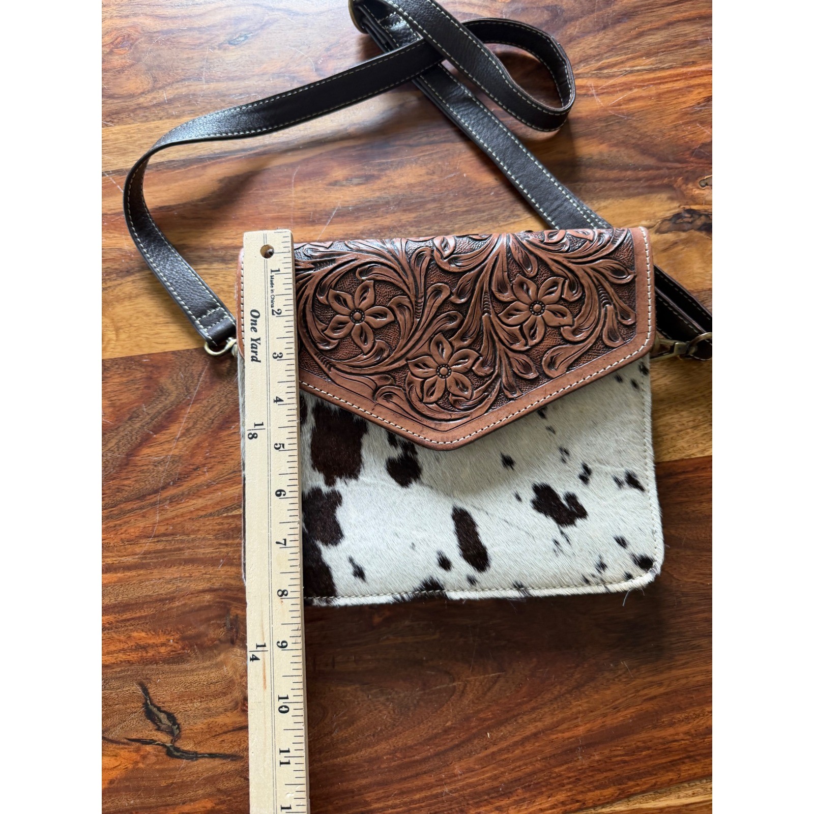 Western Cowhide Tooled Floral Leather Crossbody Bag Brown White Handbag