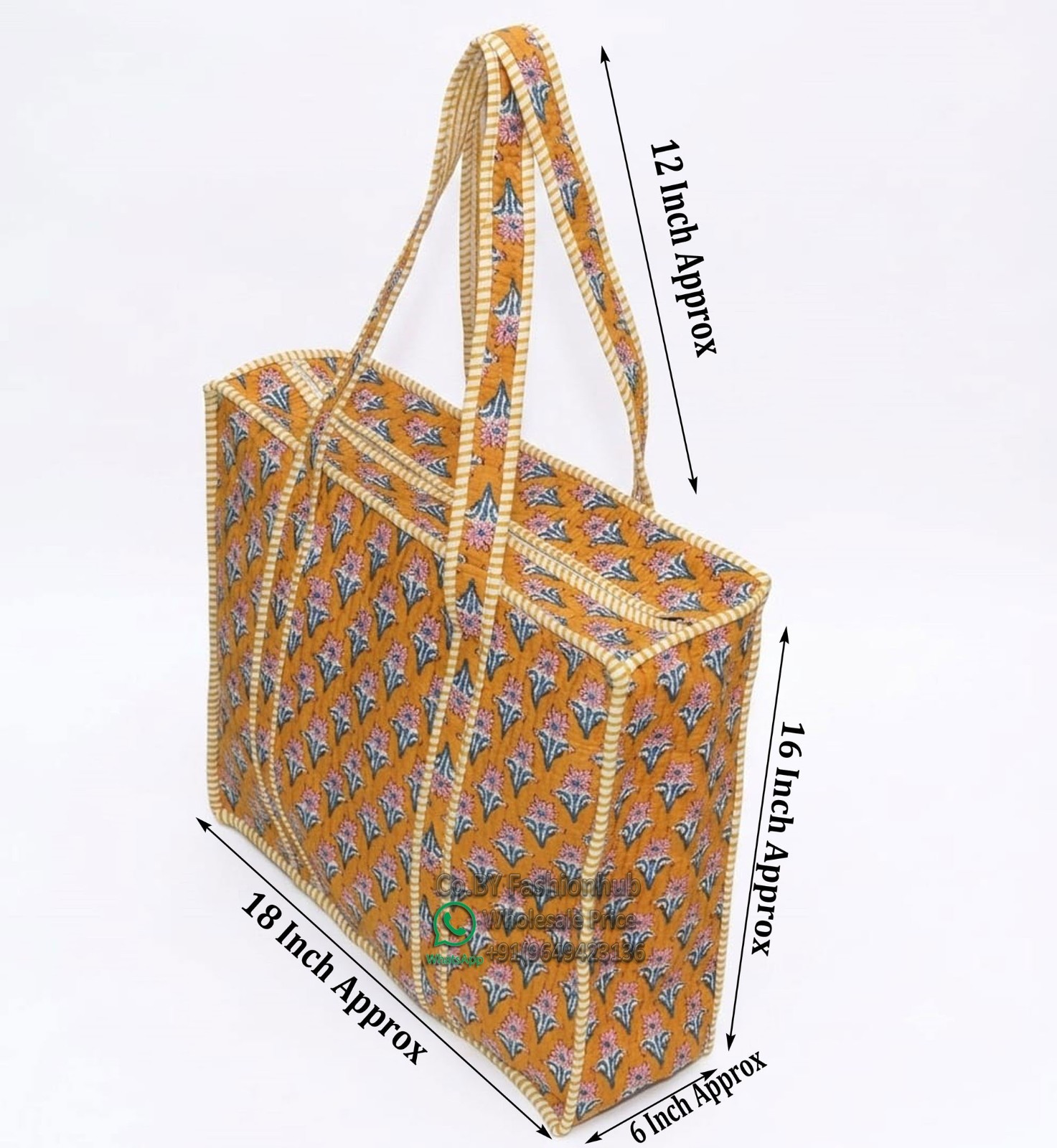 Quilted Boho Tote Bag Handmade Indian Block Print Yellow Cotton Weekender Handba