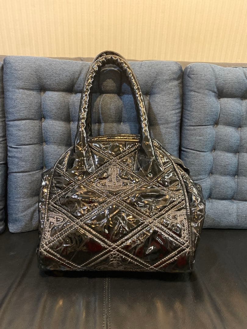 Vivienne Westwood Enamel Black Tote Bag Authentic Leather Large 55cm