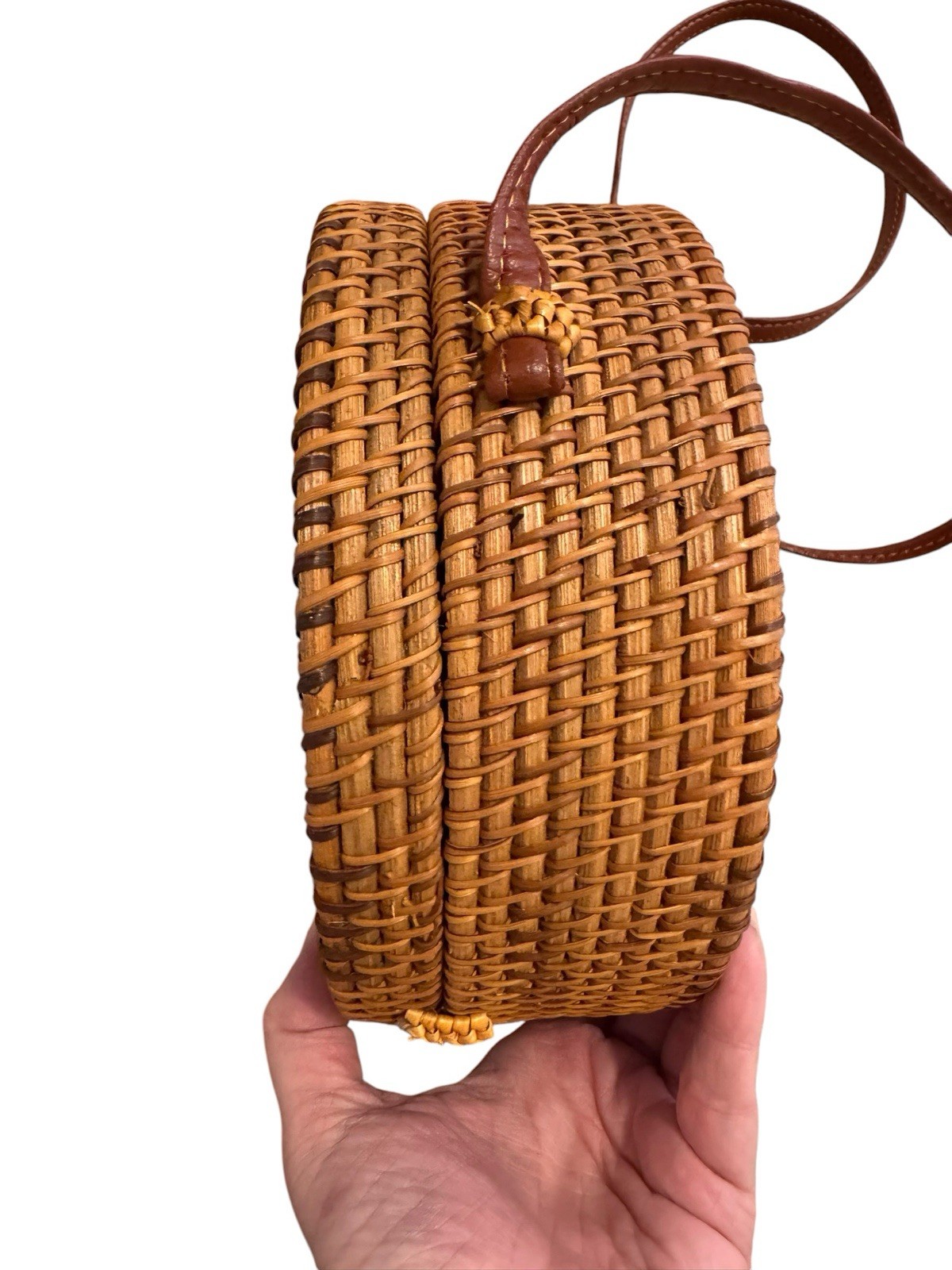 Hand Woven Rattan Wicker Round Crossbody Bag Hard Sided Blue Floral Lining