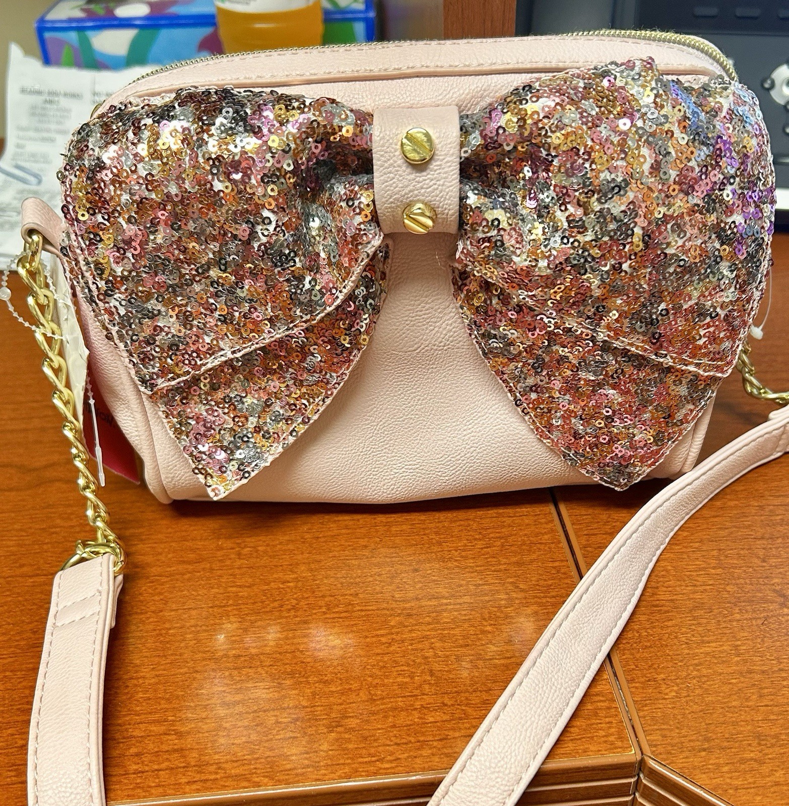 BETSEY JOHNSON BLUSH PINK SEQUIN BOW CROSSBODY BAG PURSE SUPER RARE!