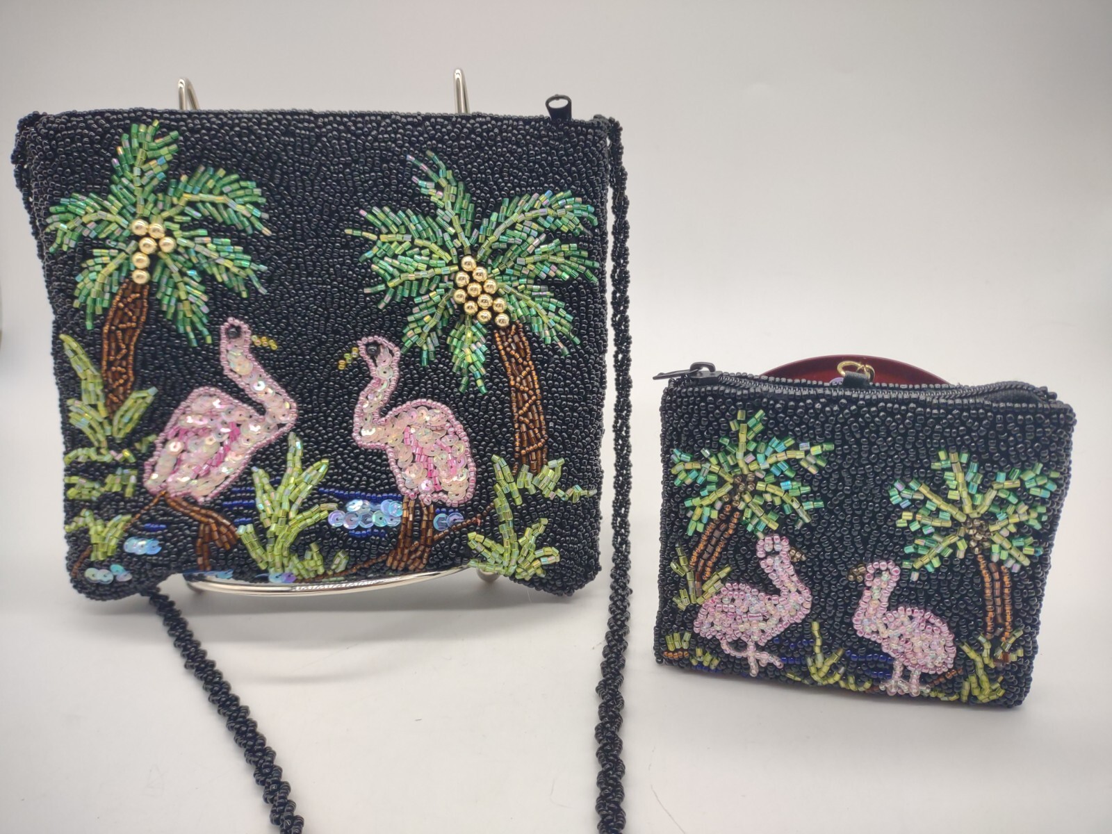 Indeed Fully Beaded Coin Purse Wallet Yellow w Pink Flamingo