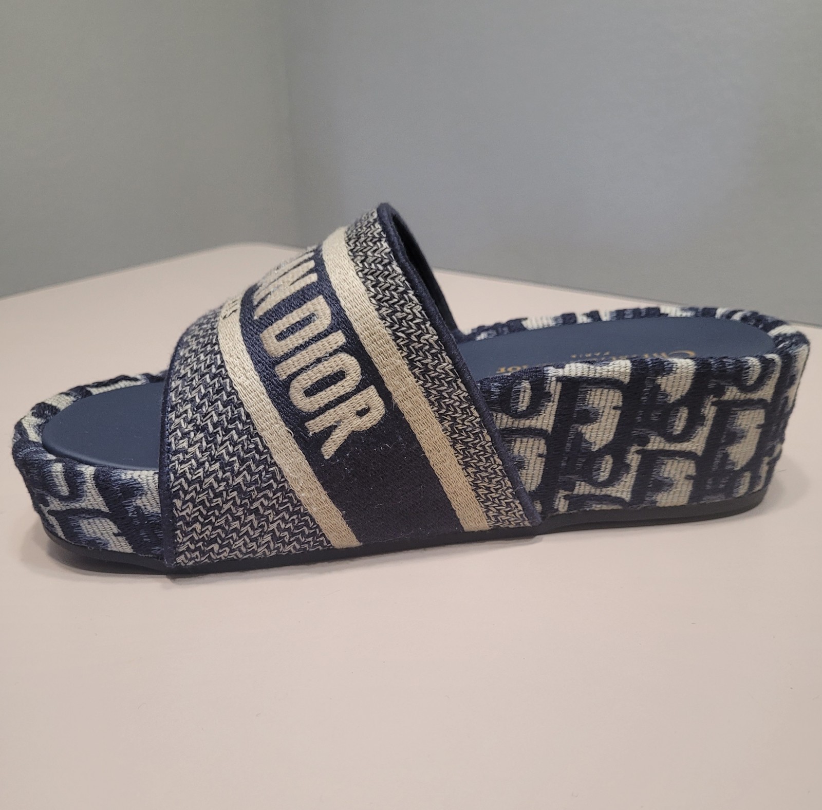 Dior Navy Blue/White Canvas Oblique Embroid D-Way Slide Size 37
