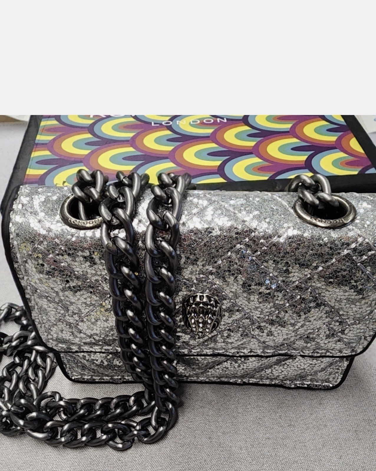 Kurt Geiger London Silver Sequin Small Shoulder Bag Gunmetal Chain Strap Box