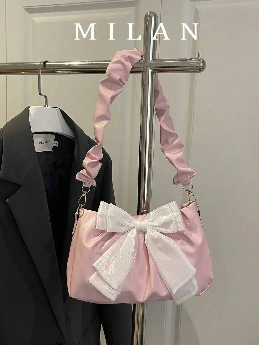 Women’s Bow Pleated Chain Shoulder Bag Elegant Fashion Purse Beach Handbag