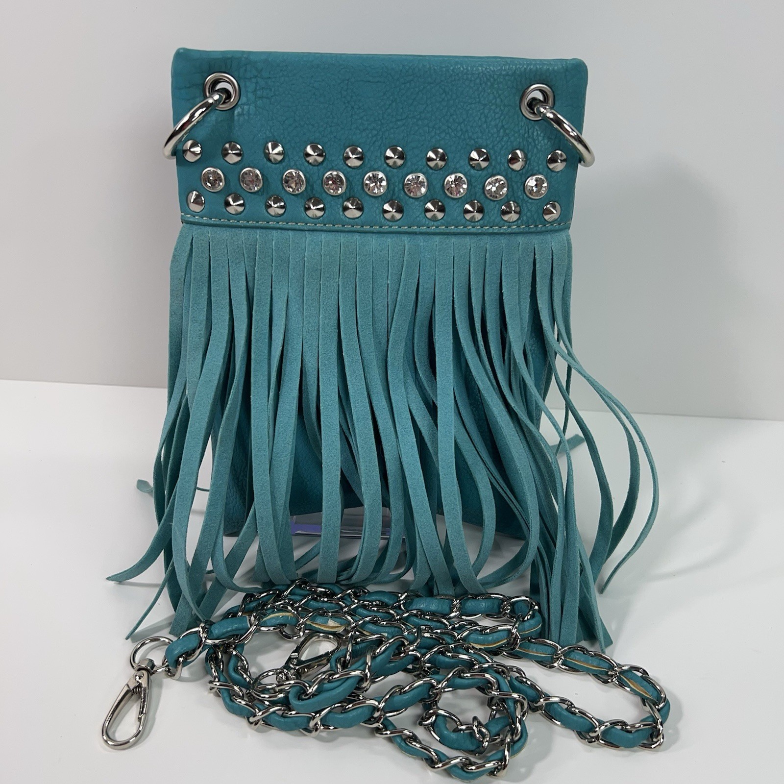 APT 9 Faux Leather Rhinestone Studded Crossbody Bag Chain Link Fringe Turquoise
