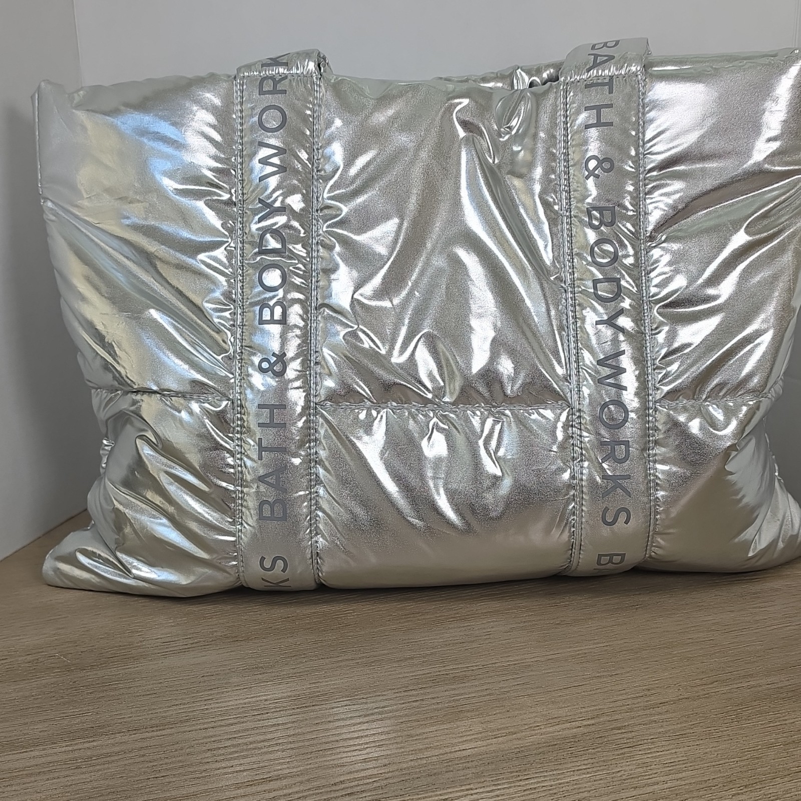 Bath & Body Works Silver Metallic Puffer Tote Bag Lightweight Open Travel