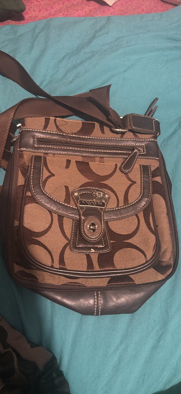 Coach Signature Brown Small Crossbody Bag Adjustable/Detachable Strap Pockets