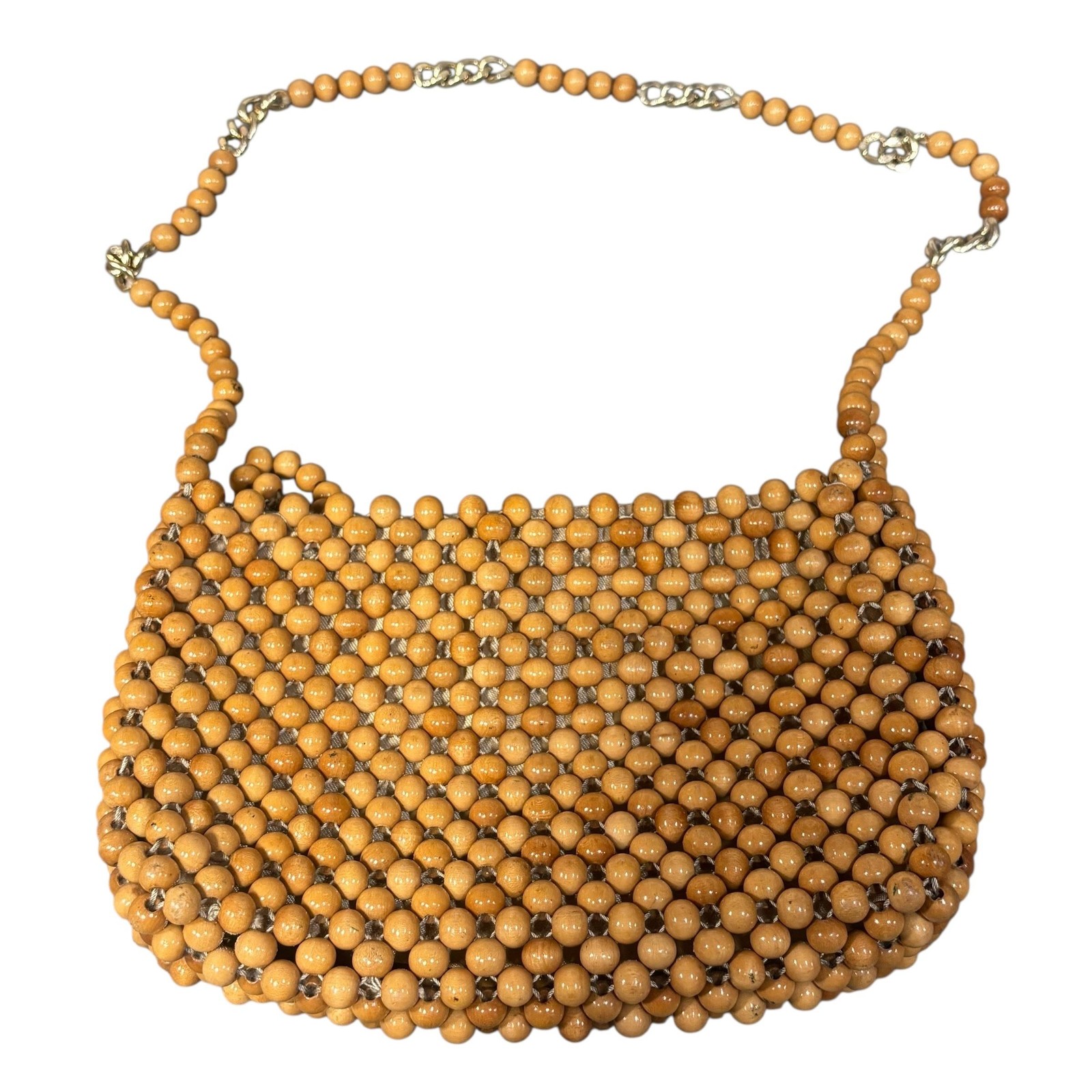 Vintage Japan Beaded Wood Shoulder Bag Womens Purse Chain Strap Boho