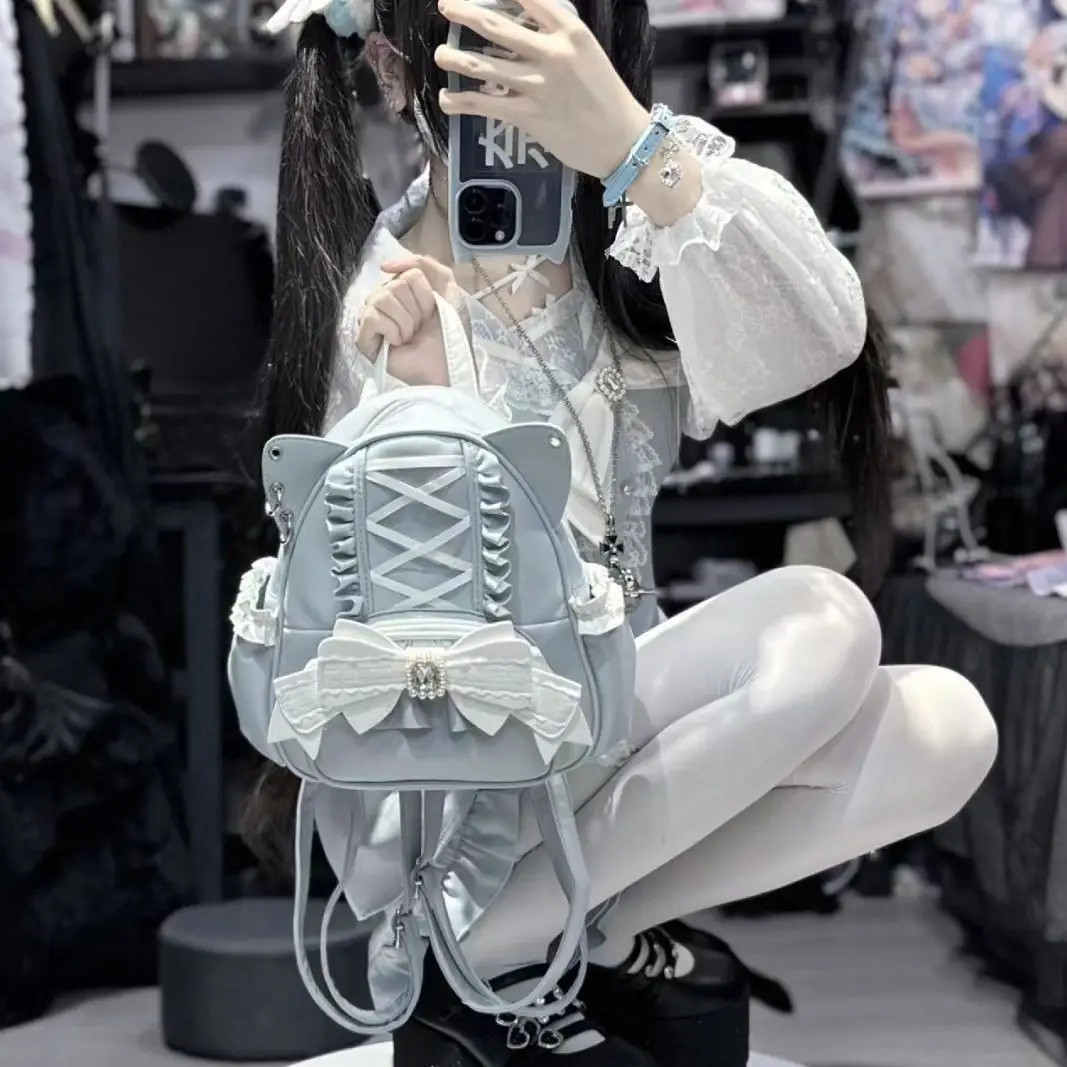 Korean Fashion Y2K Punk Backpack Lace Bow Cat Ear Lotus Lace Decoration Lolita B