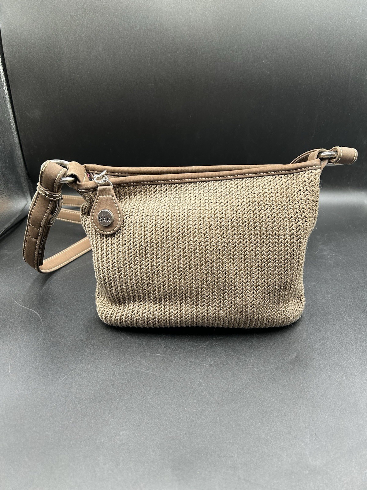 The Sak Lina Brown Woven Crossbody Shoulder Bag Canvas Trim & Strap