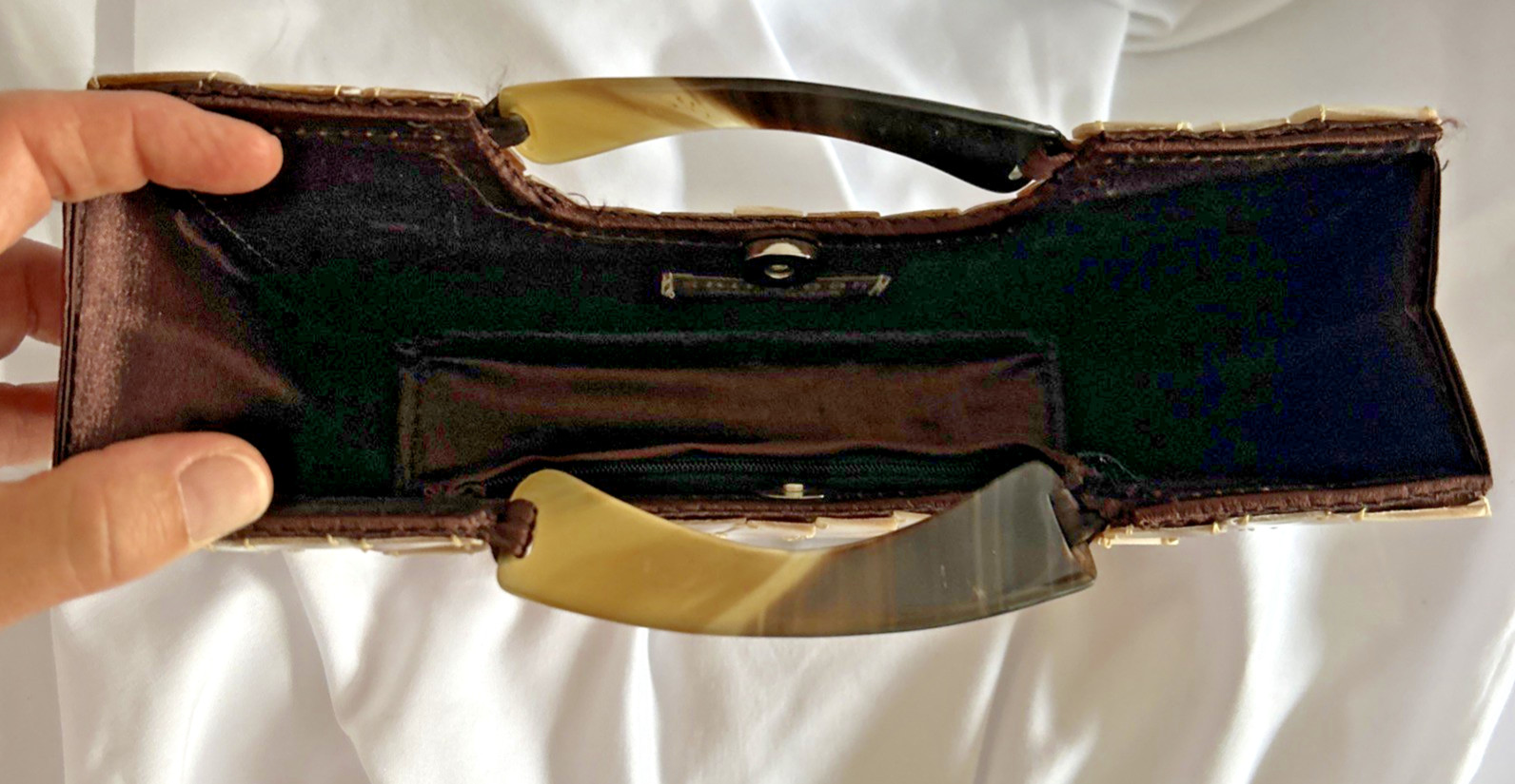 Vintage Shiraleah Mother of Pearl Clutch Handbag Faux Tortoise Shell Handles