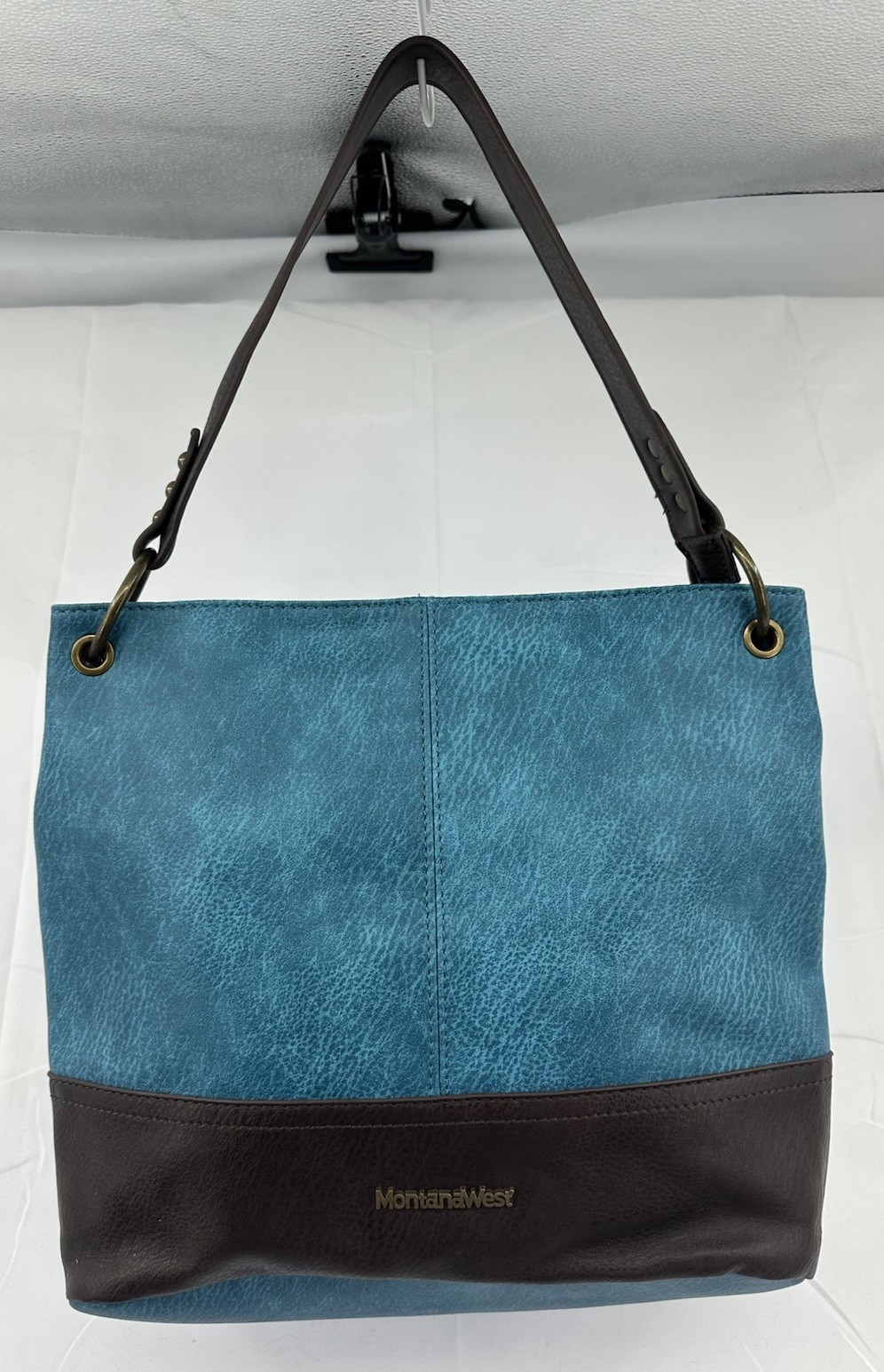 Montana West Hobo Handbag Turquoise & Brown Shoulder Purse Zipper EUC Women’s