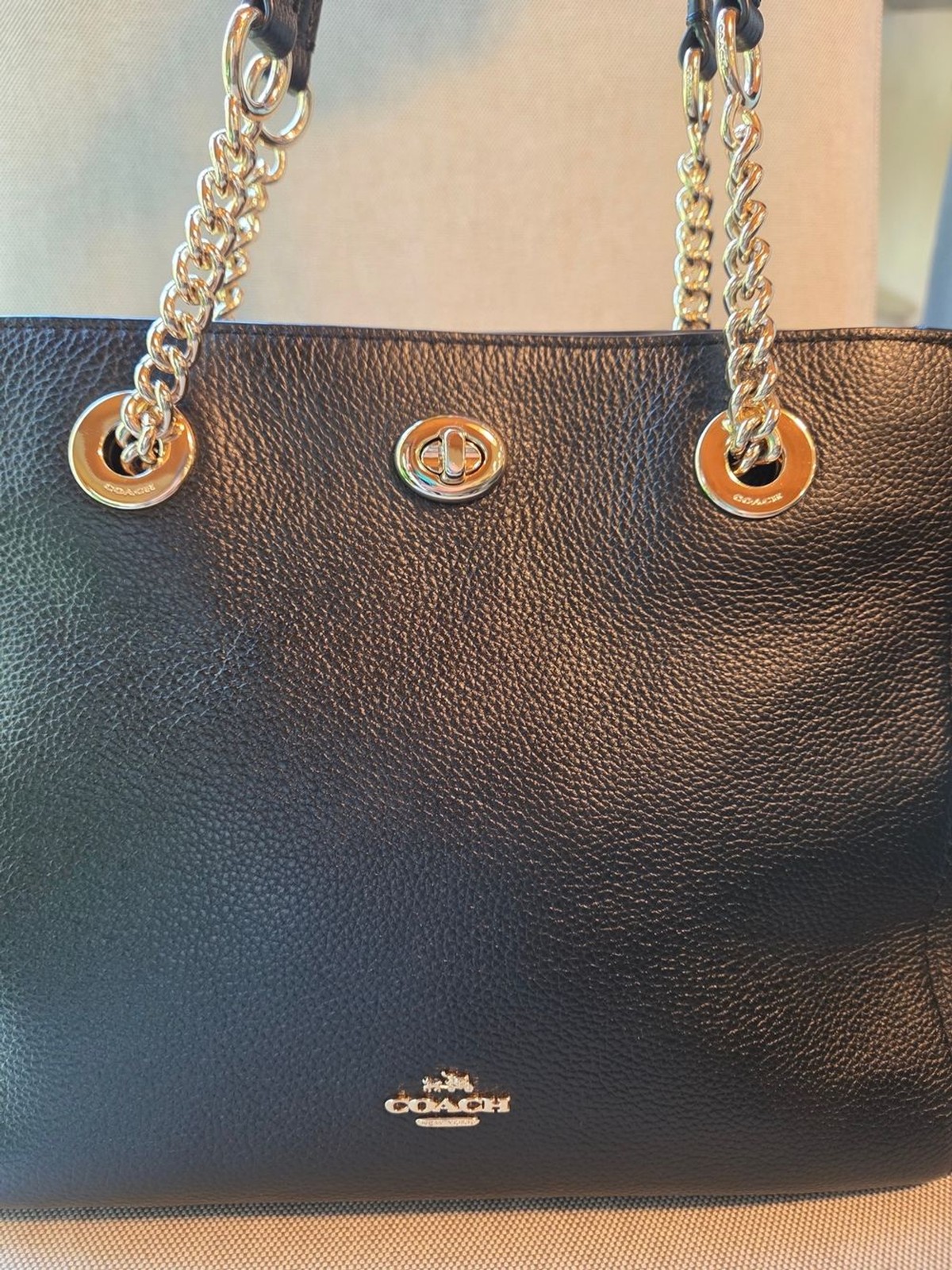 COACH Black Pebbled Leather Turnlock Chain Tote Bag 27 – Style 57107