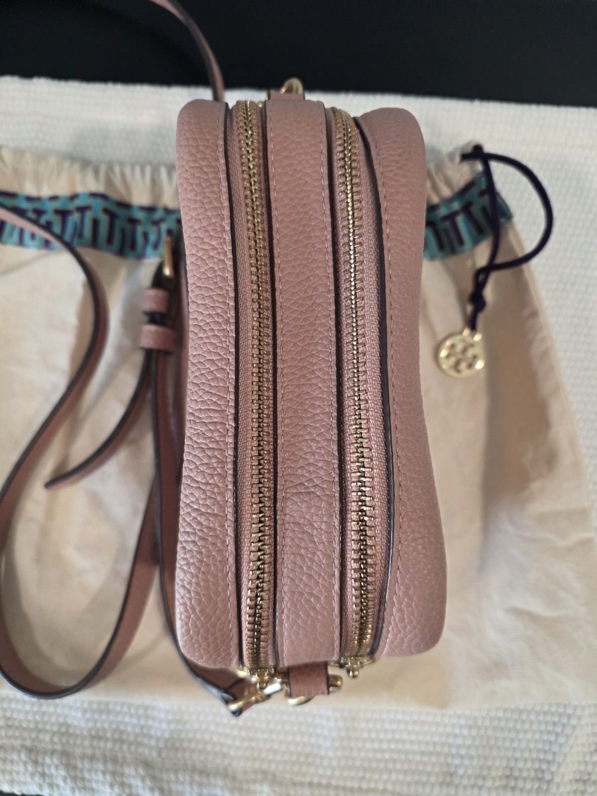 Tory Burch Light Pink Pebbled Crossbody Bag Double Compartment Gold Hardware