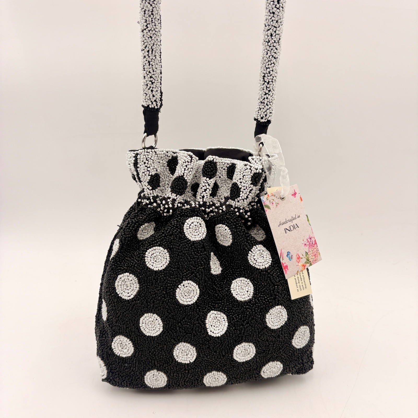 Handcraft India Beaded Polka Dot Drawstring Pouch Bag Black White Evening Purse