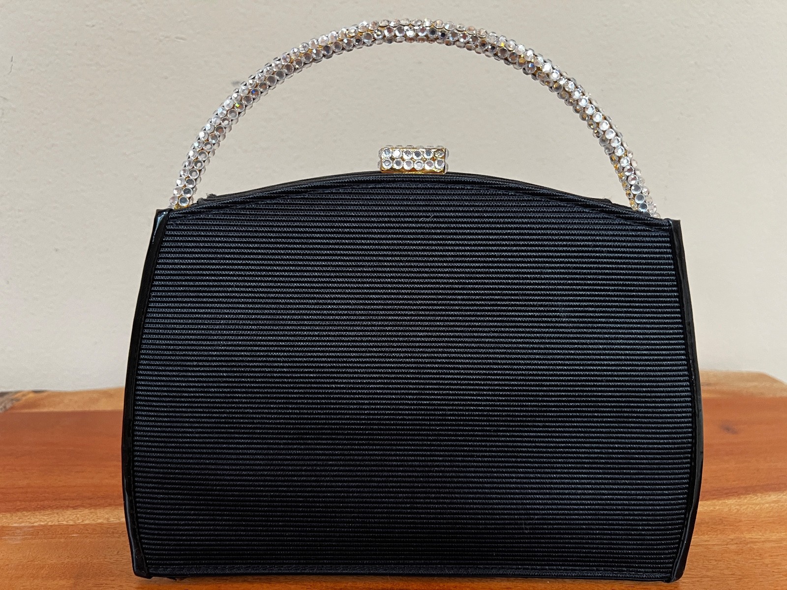 Gold Tone Metal Frame Crystal Rhinestone Black Fabric Clutch Evening Bag Purse