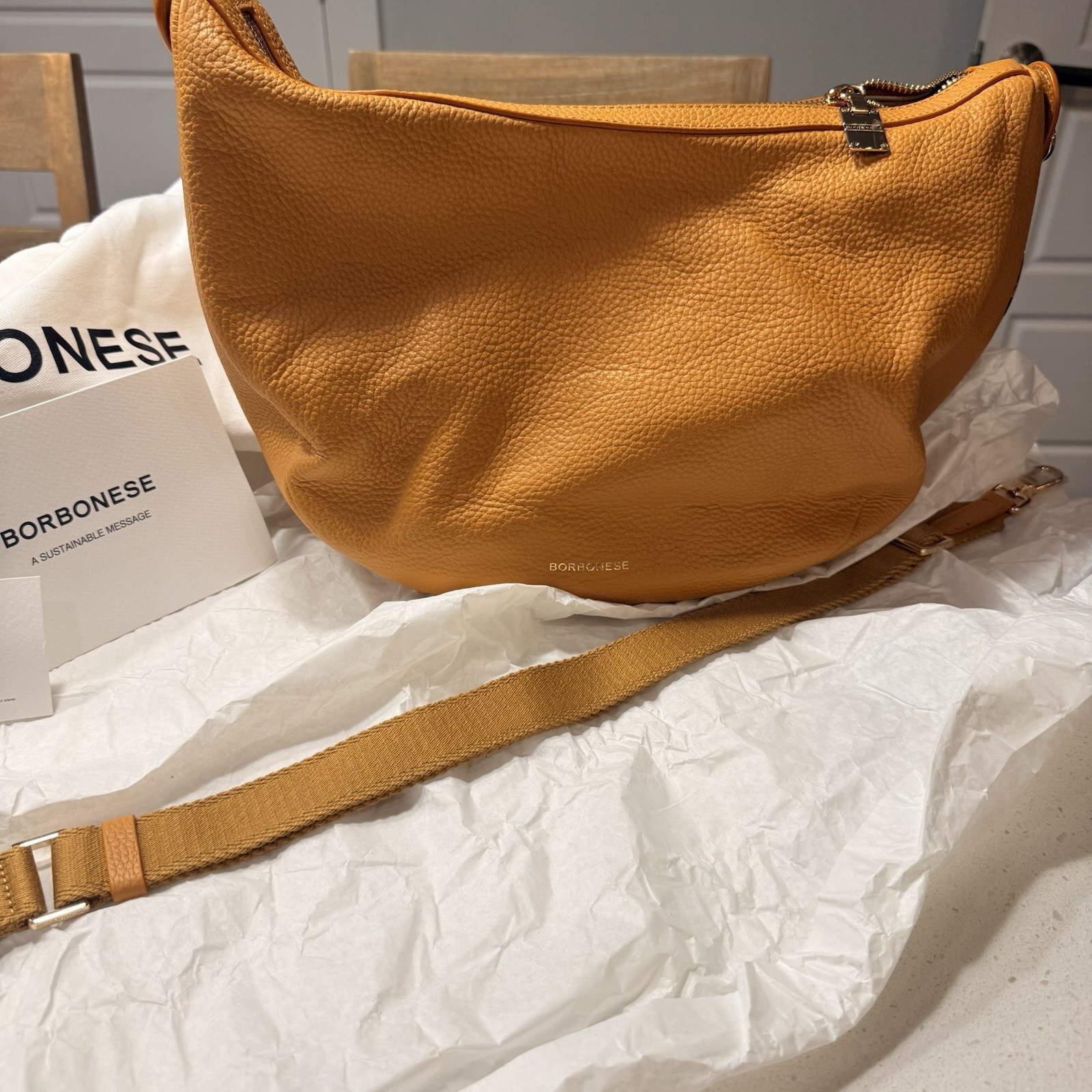 NEW Borbonese – Medium Luna Bag Yellow Leather AUTHENTIC NWT