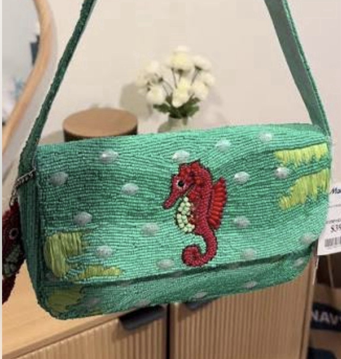 Seahorse Crab Beaded Bag Hand Made in India with Seahorse Charm New Release NWT