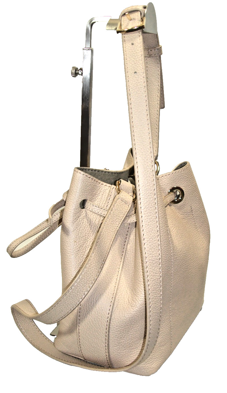 Furla Beige Soft Pebbled Leather Suede Lined Drawstring Bucket Shoulder Bag MINT