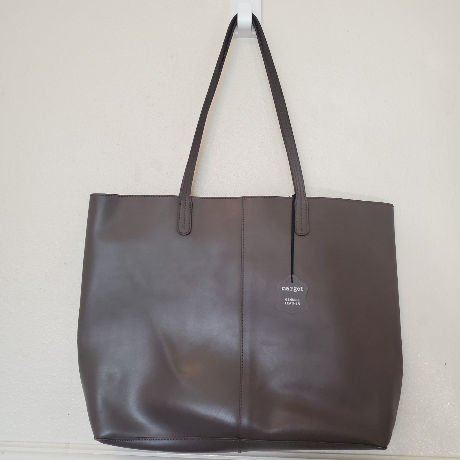Margot Tote Leather Bag Gray Minimalist Double Strap Rectangular Outside Pocket