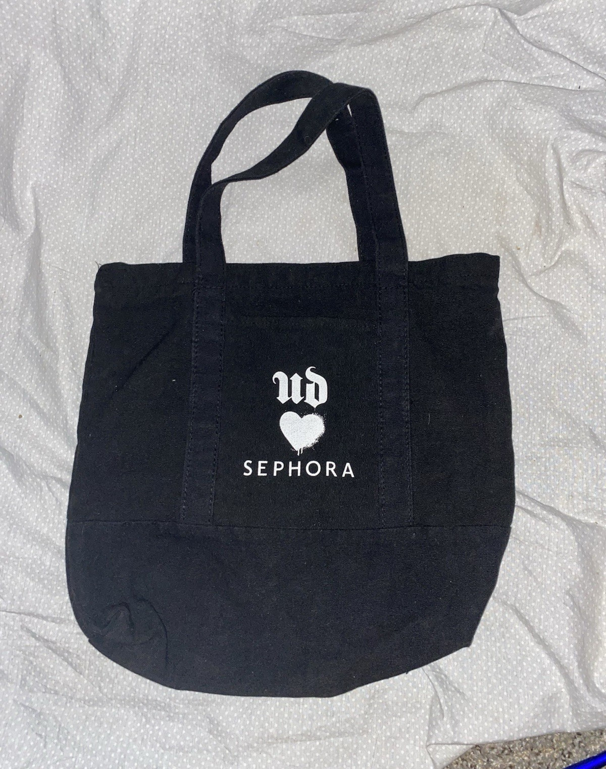 Sephora black canvas tote with white UD logo