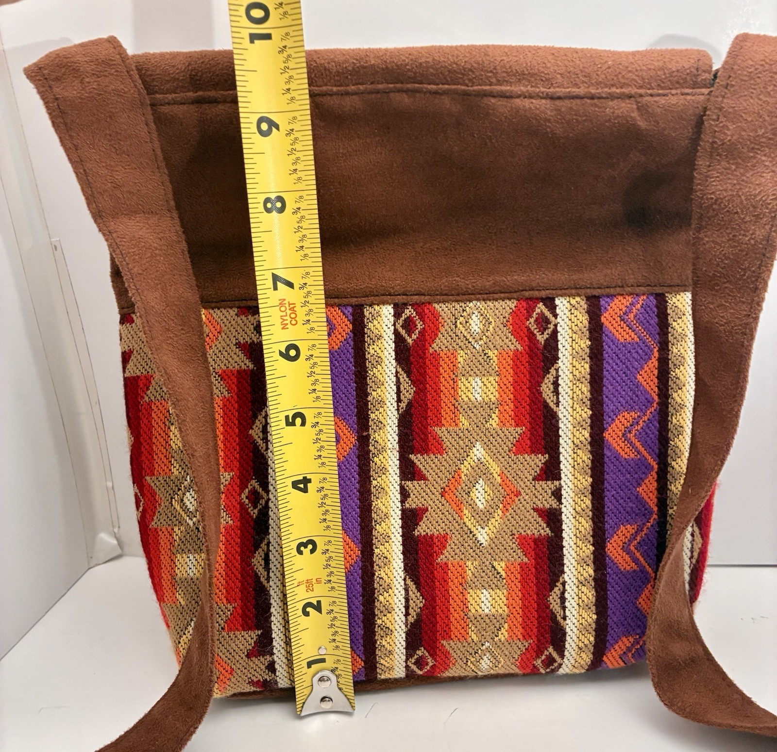 Handmade Brown Geometric Boho Crossbody Bag Button. Zip Closure Faux Suede Lined