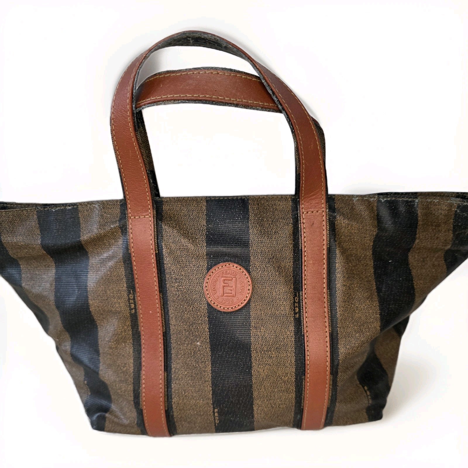 FENDI Vintage Pequin Canvas Tote Bag Brown Shoulder Handbag 1980s Italy