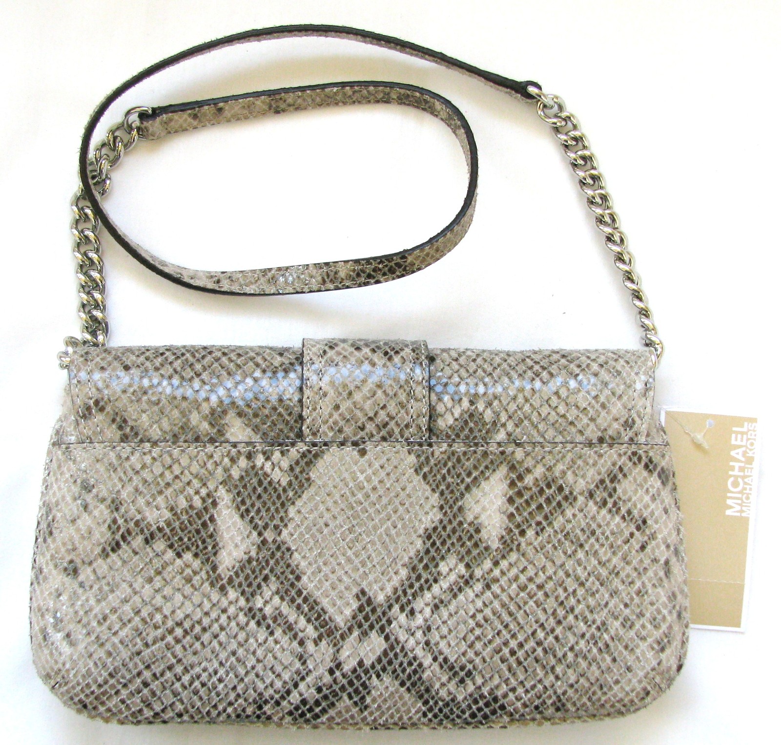 NEW MICHAEL KORS JENNA ANGORA,SAND PYTHON LEATHER+SILVER CLUTCH SHOULDER BAG