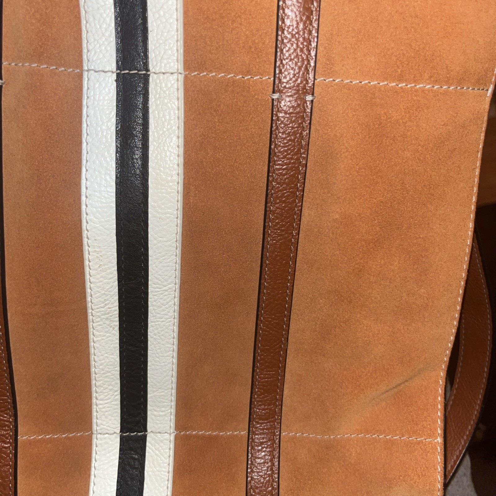 Fossil Carmen Shopper Tote Medium Brown Suede Striped Crossbody Handbag